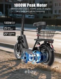 14'' Electric Scooter Adults with Seat 25MPH 45Mile Range 1000W Commuter E-Scooter