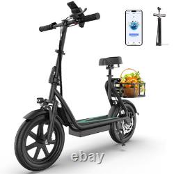 AOVOPRO Electric Scooter, 14'' Foldable E-Scooter with Suspension & Seat & Basket