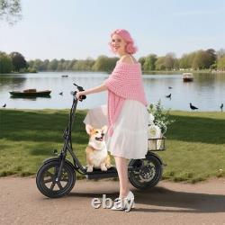AOVOPRO Electric Scooter, 14'' Foldable E-Scooter with Suspension & Seat & Basket
