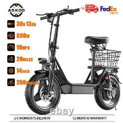 ASKGO K8 14 Adult Electric Scooter with Seat Basket 650W 36V 13Ah 19MPH 25Miles